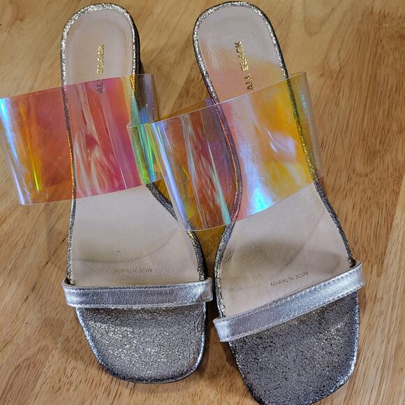 All Black Silver Metallic Iridescent Clear Band Wedge Size 40 - Picture 1 of 9